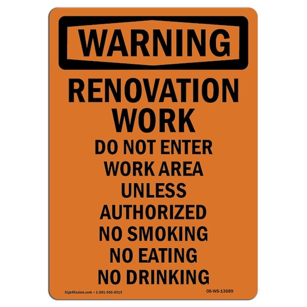 Safety Sign, OSHA WARNING, 5" Height, Renovation Work Do Not Enter, Portrait, 10PK